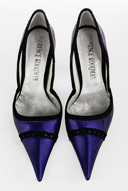 Amethyst purple and matt black women's open arch dress pumps. Pointed toe. Very high spool heels. Top view - Florence KOOIJMAN